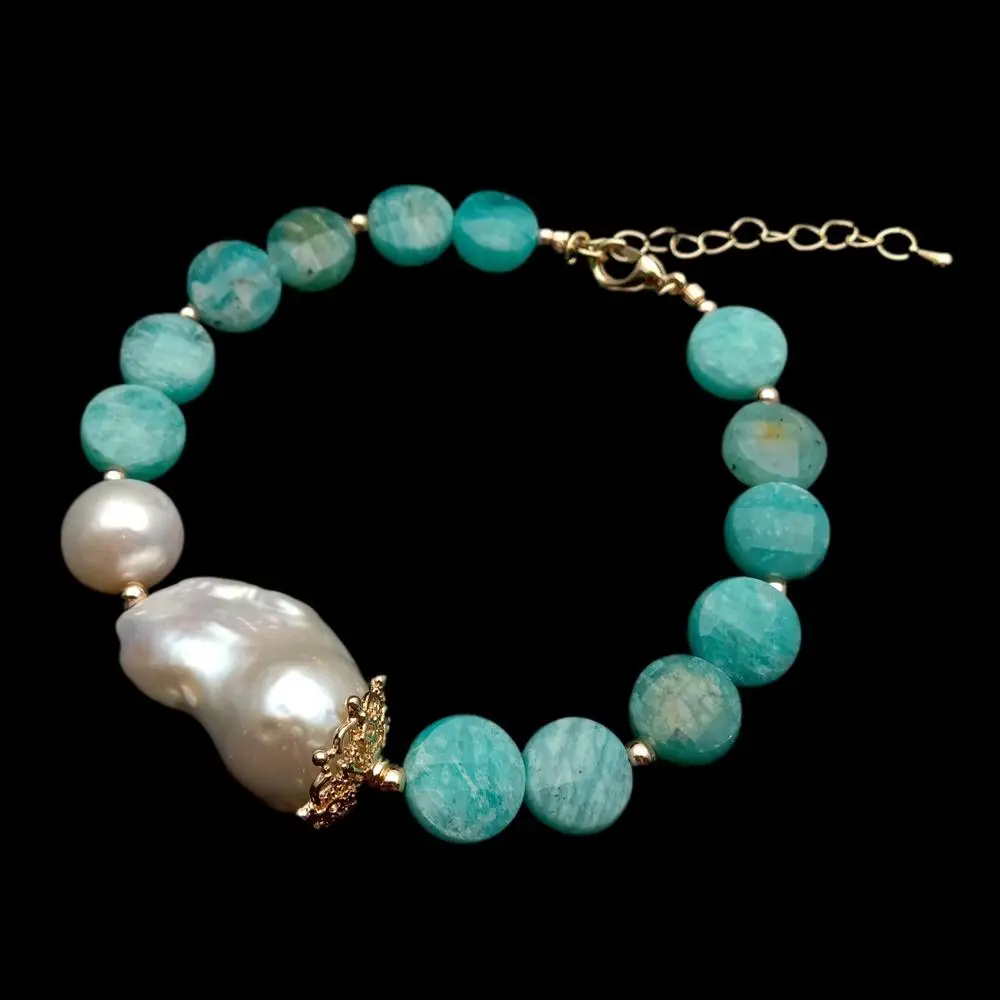 YYGEM 11mm Natural Green Peruvian Amazonite Coin Shape Beaded 15x28mm  Freshwater Cultured White Keshi Baroque Pearl Bracelet