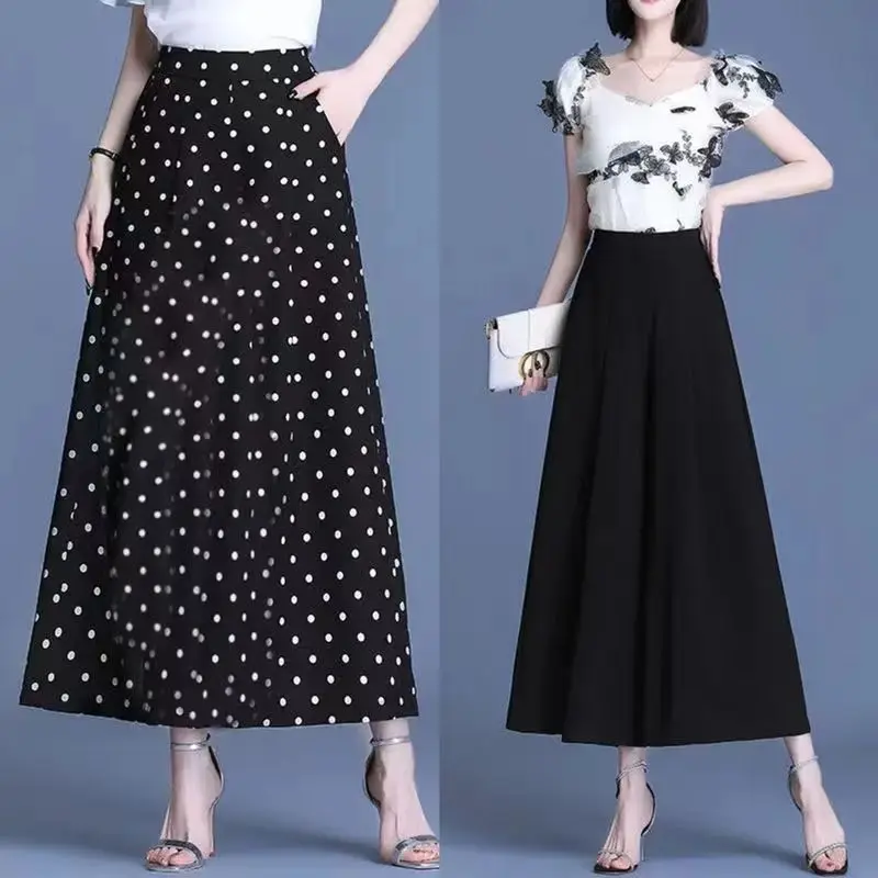 Polka Dot Cropped Pants Elastic Waist Black Women Chiffon Wide Leg Trousers Office Lady Casual Loose Streetwear Travel Summer