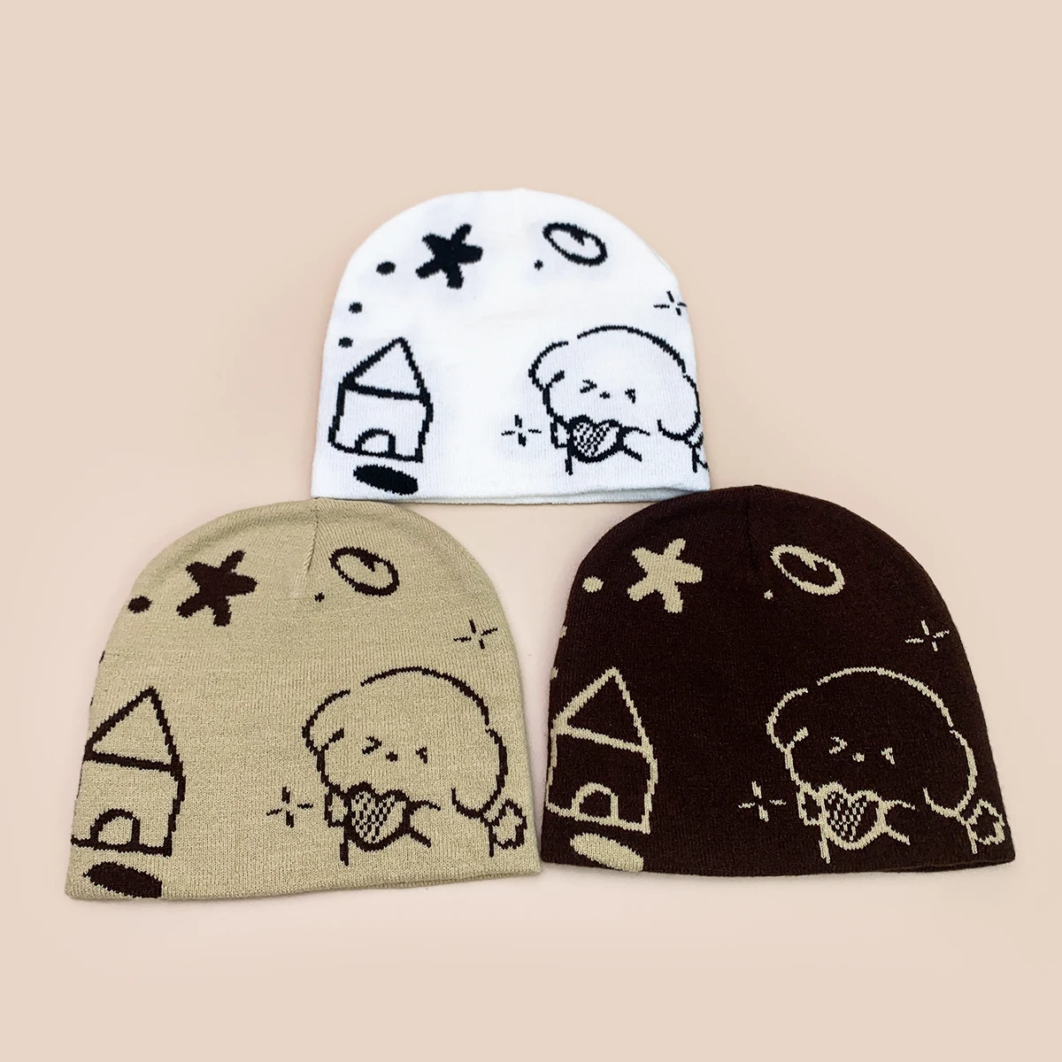 Little Fresh Jacquard Puppy Knitted Hats New Men Women Warm Cute Fashion Color Block Casual Cartoon Versatile Outdoor Beanies