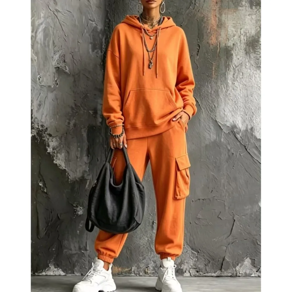 Herbst Winter Neues Lässiges Einfarbiges Kapuzen-Sweatshirt und Hosen-Set 2026 Modische Taschen-Loose-Fit Sporthose Damen 2-Teiliges Set