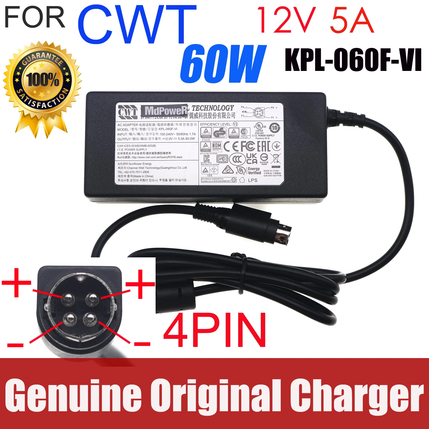 

Genuine CWT KPL-060F KPL-060F-VI 12V 5A 4PIN 60W AC Adapter Charger For HIKVISION 7816HW 7808HW Monitor Display Power Supply