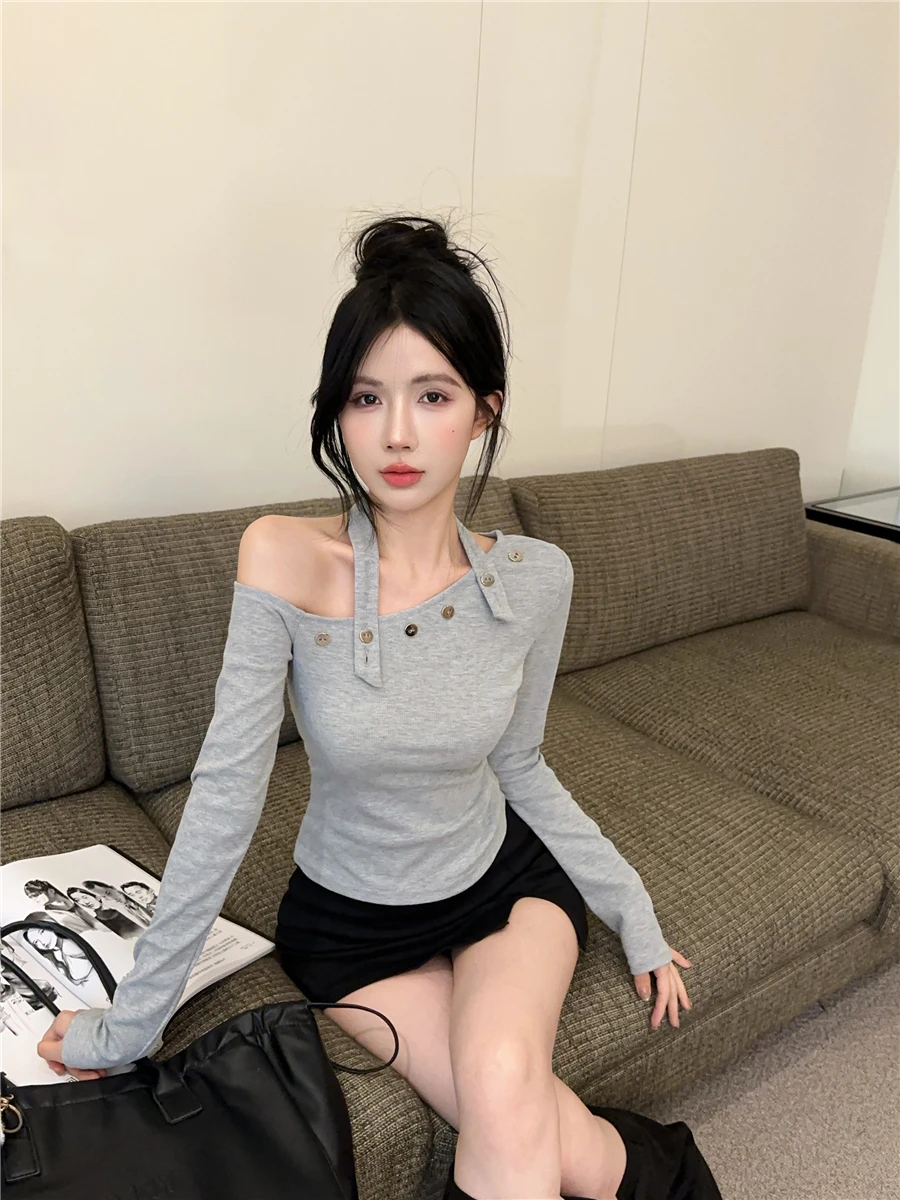 

Women's Grey Single Shoulder T-shirt Y2k Tees Top Vintage 90s Aesthetic Long Sleeve T-shirt 2000s Trashy Fashion Clothes