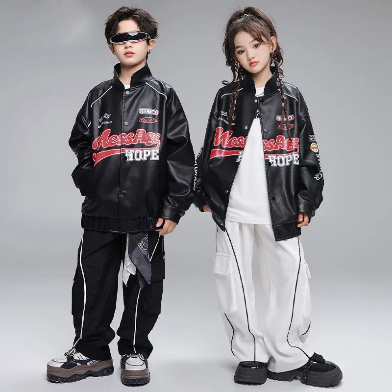 

Kid Cool Hip Hop Clothing Black PU Leather Motorcycle Jacket White Casual Cargo Pants for Girl Boy Jazz Dance Costumes Clothes