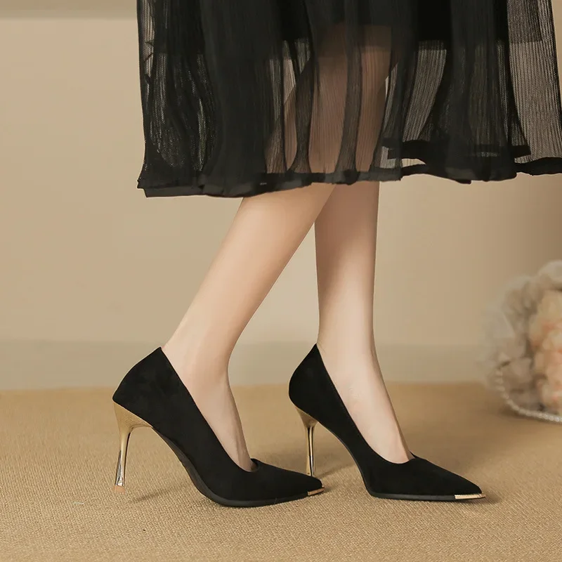 Women's 2025 Velvet Fashion Versatile Spring Shoes, Korean Style Banquet Fine Heel Pointed Toe Single Shoes