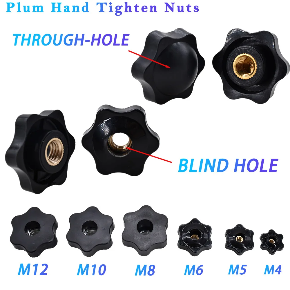 M4 M5 M6 M8 M10 M12 Plum Hand Tighten Nuts Handle Thread Mechanical Hole/Blind Hole Plum Handle Nut Clamp Knob Manual Perforated