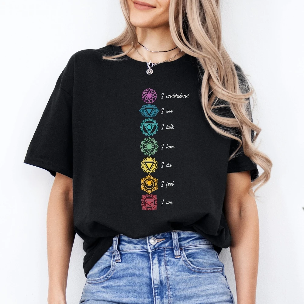 Spiritual Chakra Yoga Graphic T Shirts Women 7 Chakra Affirmations I Am I Feel Meditation Print Casual Tops Women Clothes