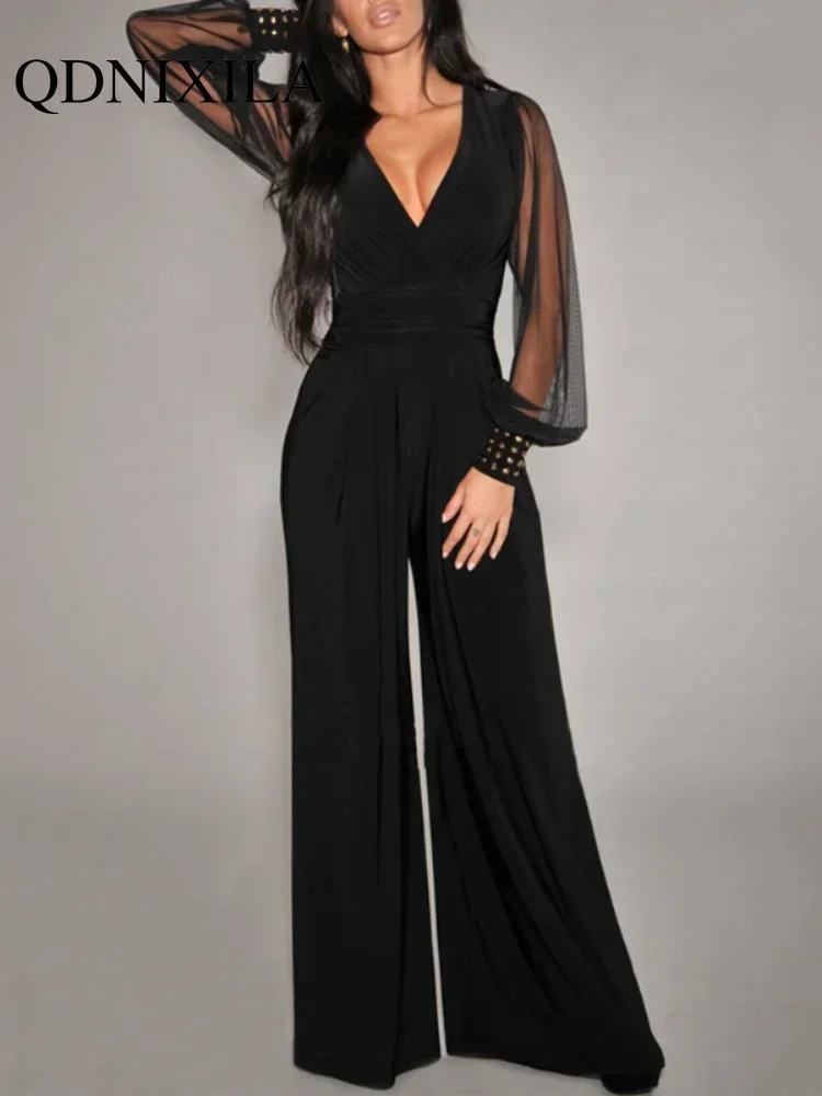 Nieuw In De Lente Zomer Jumpsuit Voor Dames Zwart V-Hals Mesh Splicing Rechte Eendelige Jumpsuit Sexy Streetwear Kleding