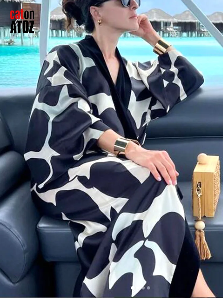 Female Clothing Giraffe Print Kimono Dress Black Loose Midi Dress Sexy Casual Vintage Elegant Lace Up Dress For Women 3017