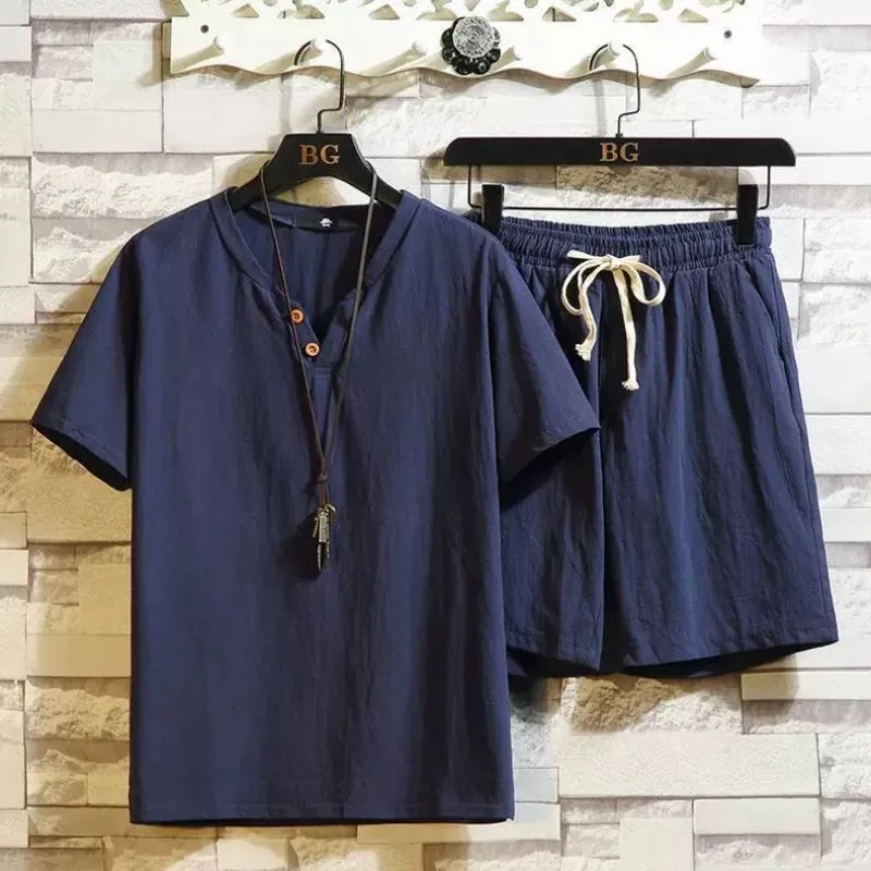 Men's Summer Two-piece Set Short Sleeve Short Shorts Large Size V-neck Linen Simple Loose Casual Comfortable Harajuku Versatile