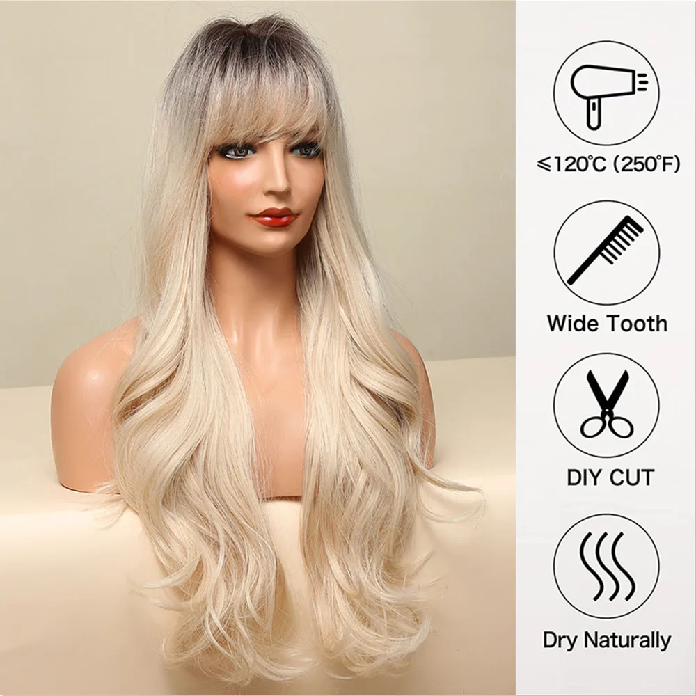 ALAN EATON Blonde Long Wavy Synthetic Wigs Ombre Hair Wig with Bangs Soft Natural Realistic Wig Heat Resistant Daily Fiber Wig