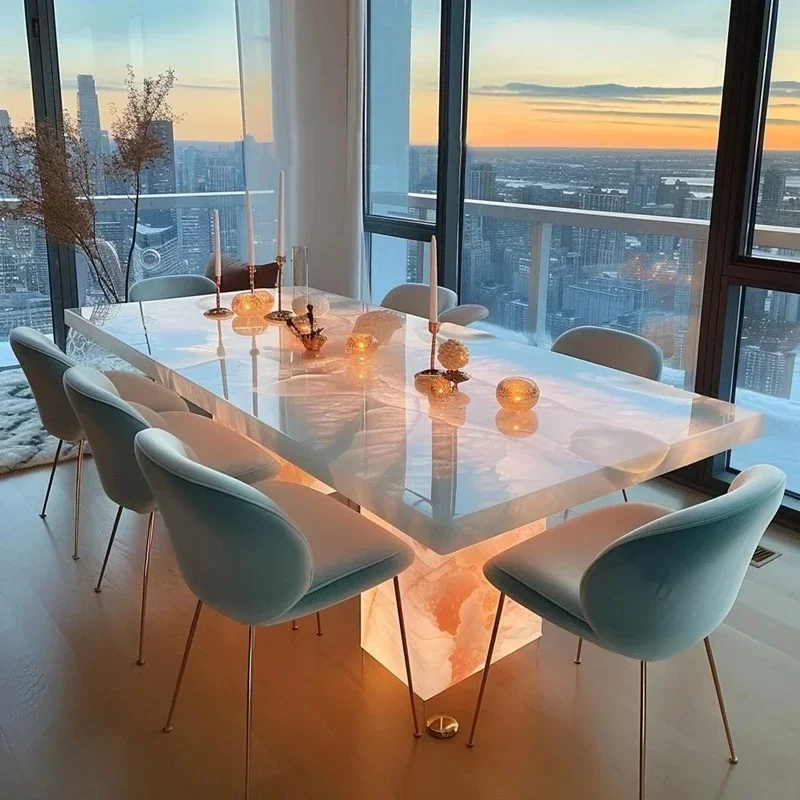 Natural jade dining table Modern simple marble dining table Pink jade rectangular sapphire white jade round