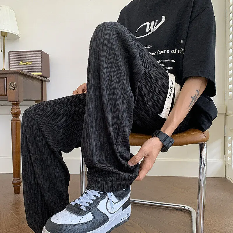 

Мужские летние тонкие прямые брюки из ледяного шелка, свободные широкие повседневные длинные брюки, модные, брендовые, новинка 2025 года