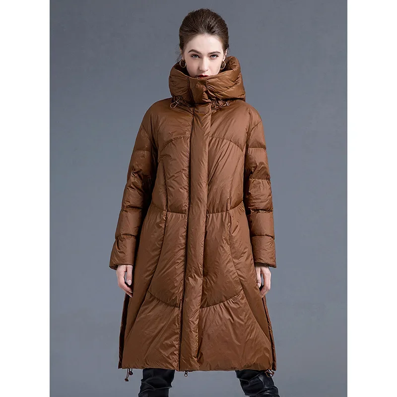 2023 New Winter Women Down Coat Hooded Thickened Warm 90% White Duck Down Coat Fashion Mid Length High End European Women Parkas