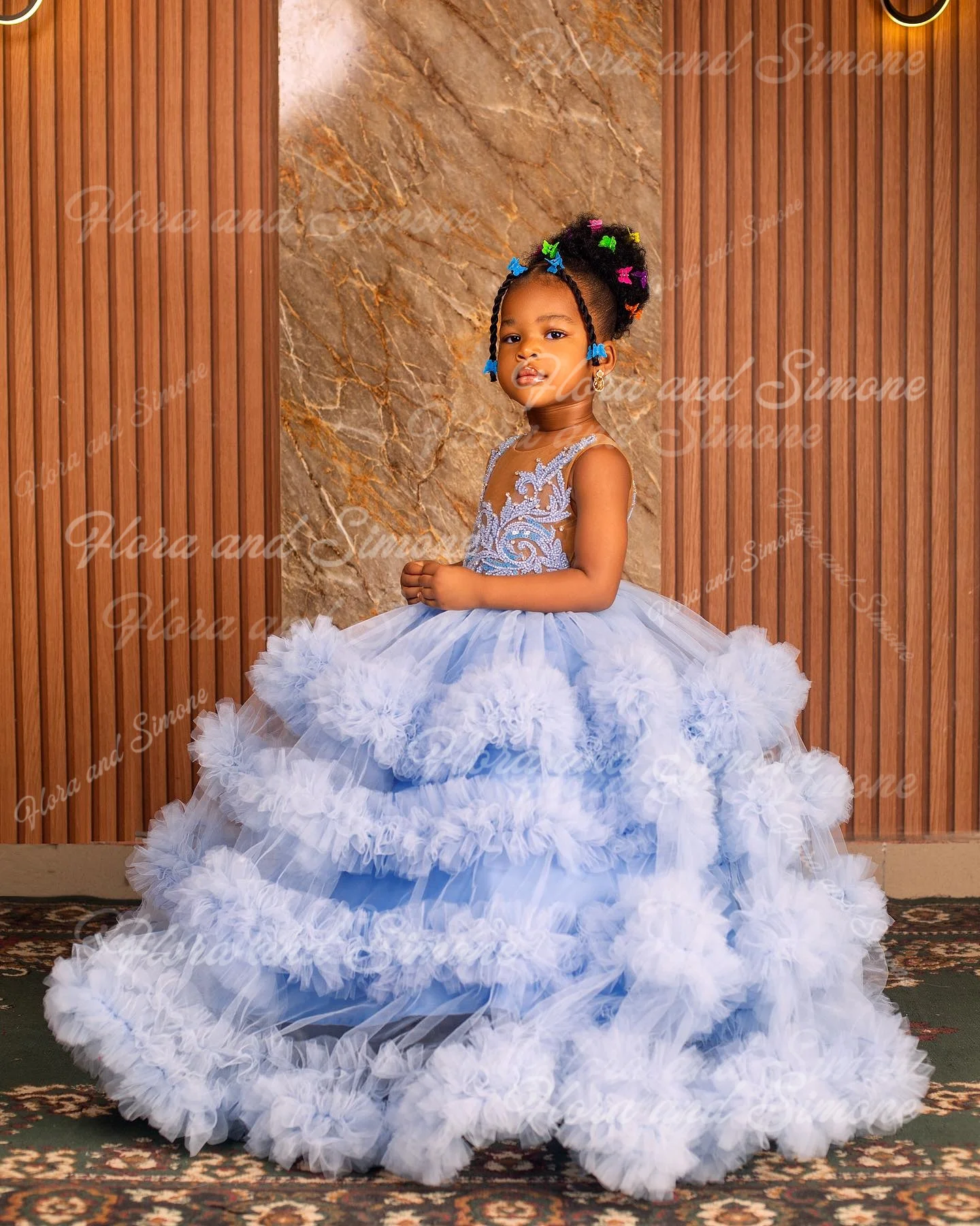 Vestido de princesa azul con flores para niña, vestido de baile personalizado con gradas de tul, vestido de niña de flores, Reina pequeña para fiesta de boda