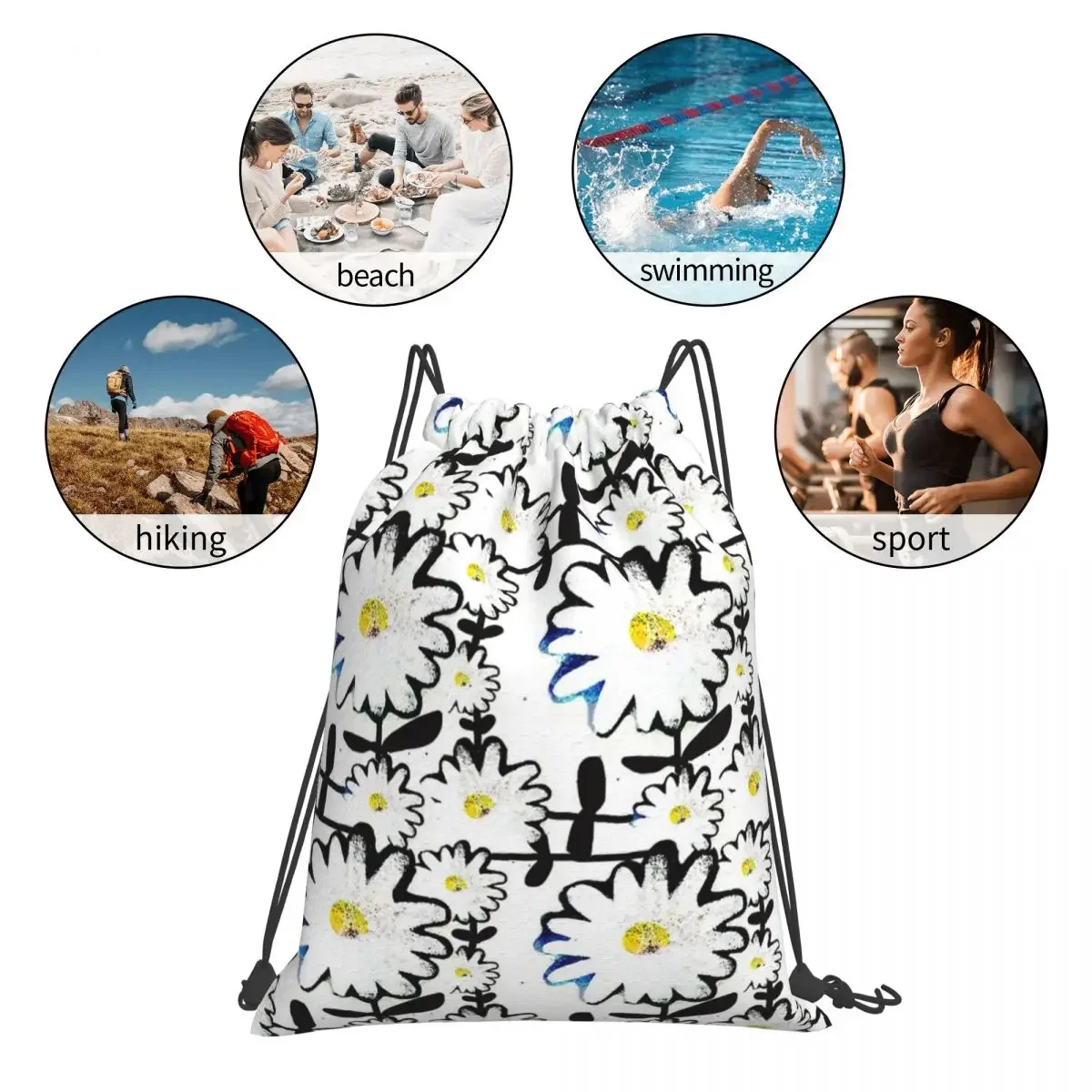 Casual Daisy Dias Portátil Mochilas, Drawstring Bundle, Pocket Storage Bag, Bookbag para Estudantes de Viagem