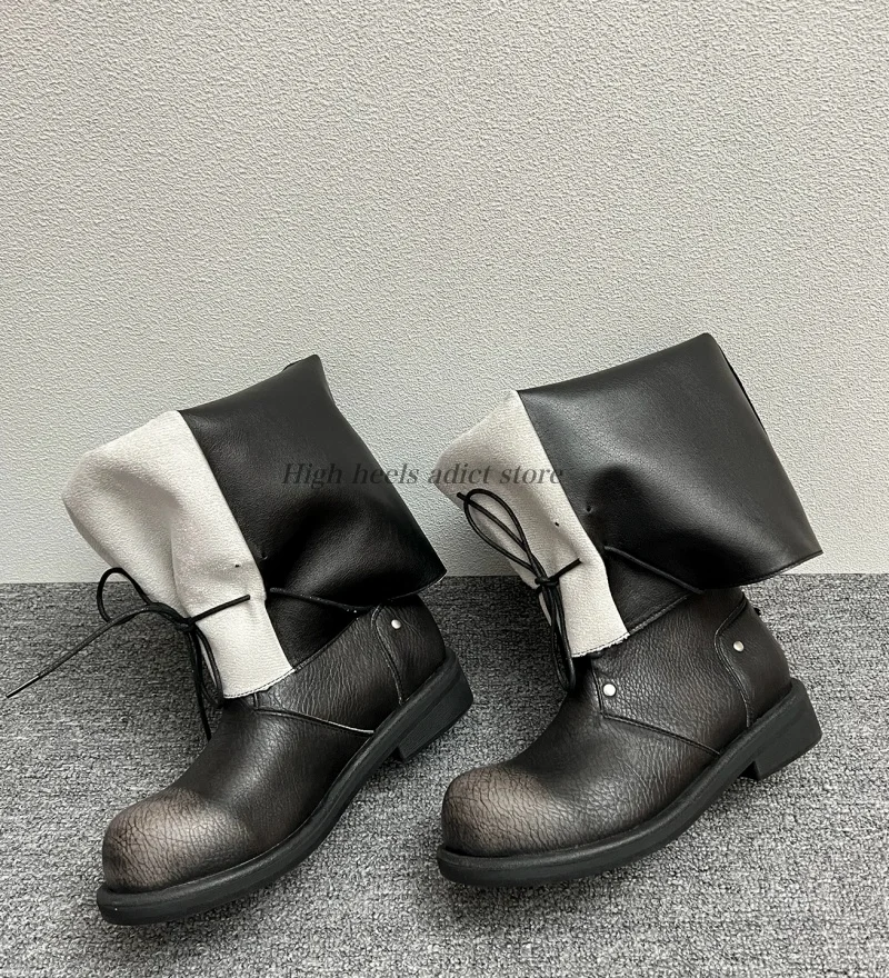 Vintage round toe lace up flod mid calf boots leather black/Khaki flats strappy causal dress booties luxury designer soft shoes view 6
