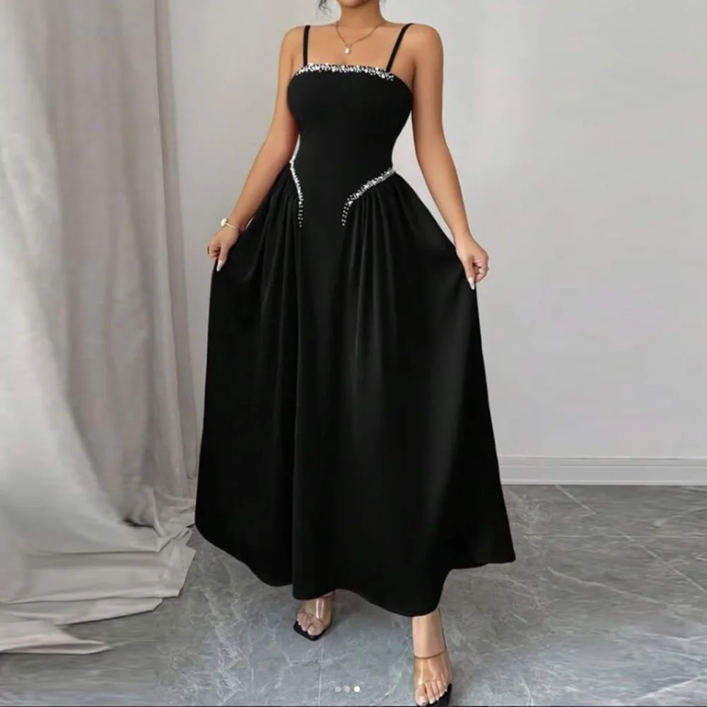 

Sleeveless Evening Gown Satin Spaghetti Strap A Line Prom Dresses Elegant Pearls Vestidos De Fiesta Customized