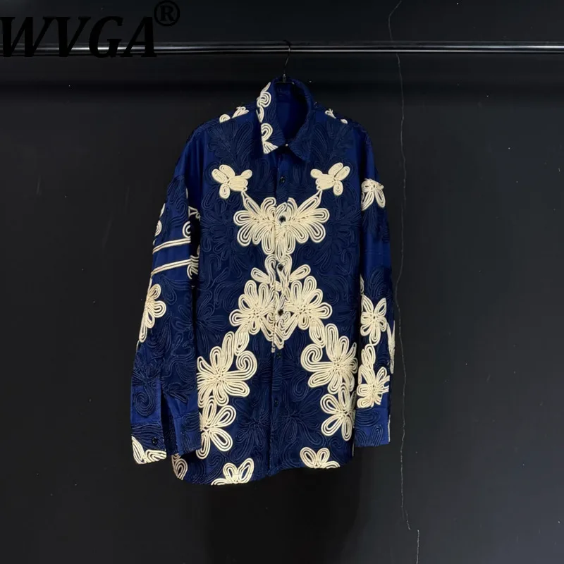 

WVGA 2026 Spring New Men Tide Embroidered Floral Long Sleeve Shirts Niche Chic Casual Turn-down Collar Retro Tops Ins Y2K W19598
