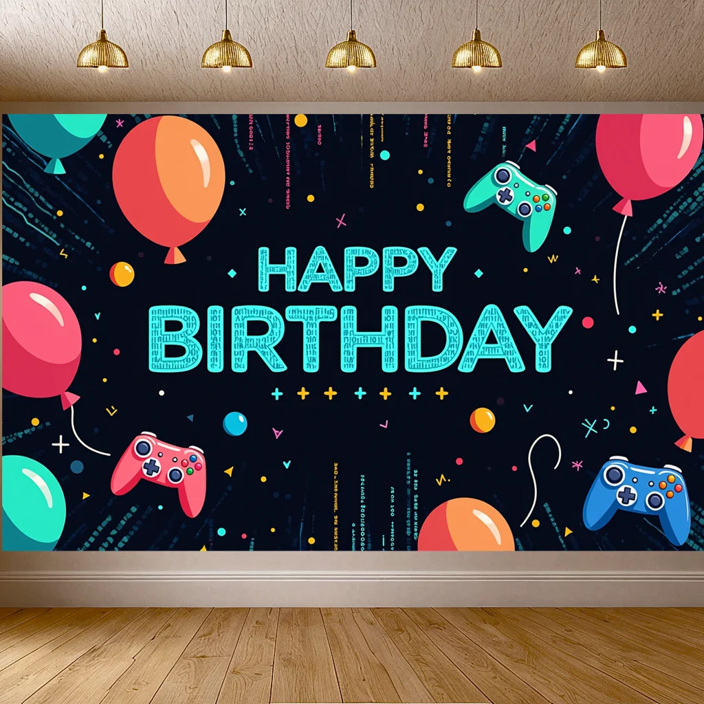 Birthday Backdrop Banner Game Party Background with Balloons and Game Controllers for Celebrations Decor Party Event Decoration