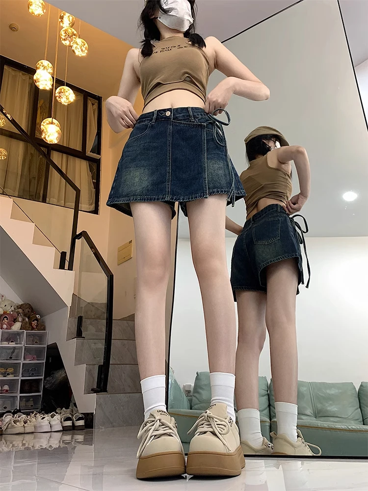 กระโปรงยีนส์ทรงเอเอวสูงแบบมีเข็มขัดสไตล์เรโทรสำหรับผู้หญิง ไซส์เล็ก ใส่สบาย ป้องกันแสง กระชับสัดส่วน เหมาะสำหรับฤดูร้อน