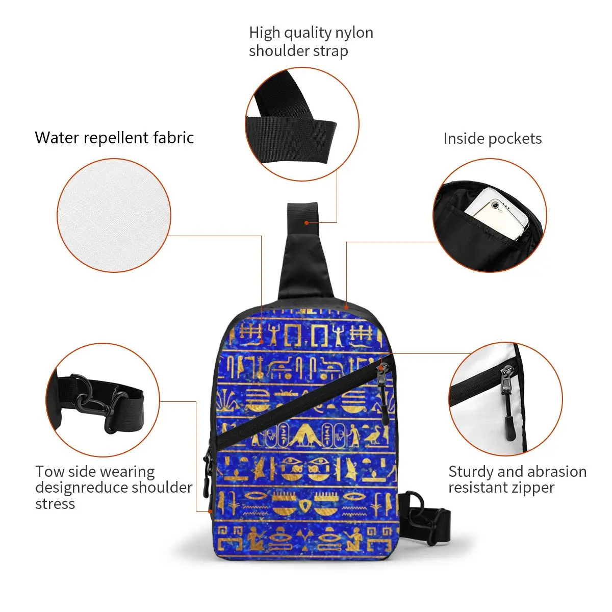 Cool Blue Lapis And Gold Hieroglyphics Crossbody Sling Backpack Men Ancient Egypt Art Shoulder Chest Bags for Travel Cycling