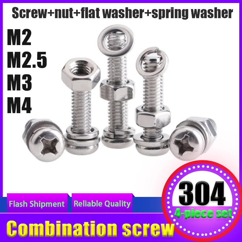 

M2M2.5M3M4 Stainless Steel 304 Round Head Cross Screw Nut Gasket Set Complete Spring Pad Combination