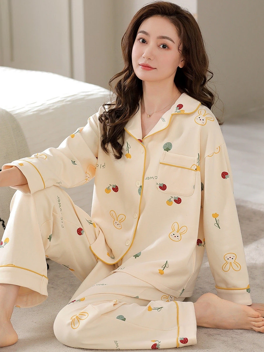 

Pure Cotton Sleepwear Long Sleeve Loose Women's Outfit Autumn Winter Home Clothes Set Comfortable Soft Fabric Easy to Wear