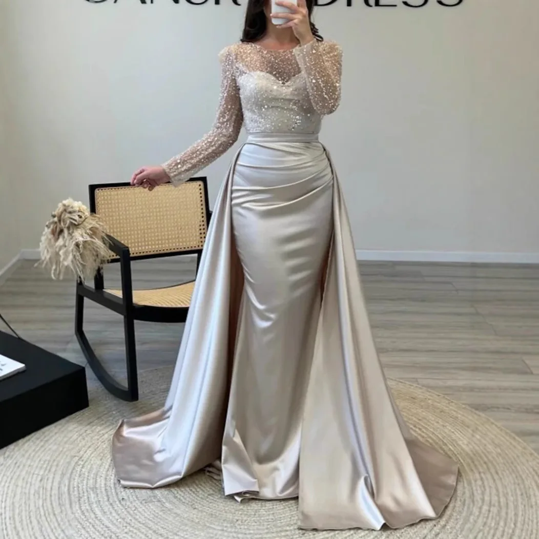 Elegant Satin Sequin Stitching Dress Luxury Glitter High Waist Gala Evening Dress Women Chic Long Sleeve Full Length Party Dress view 3