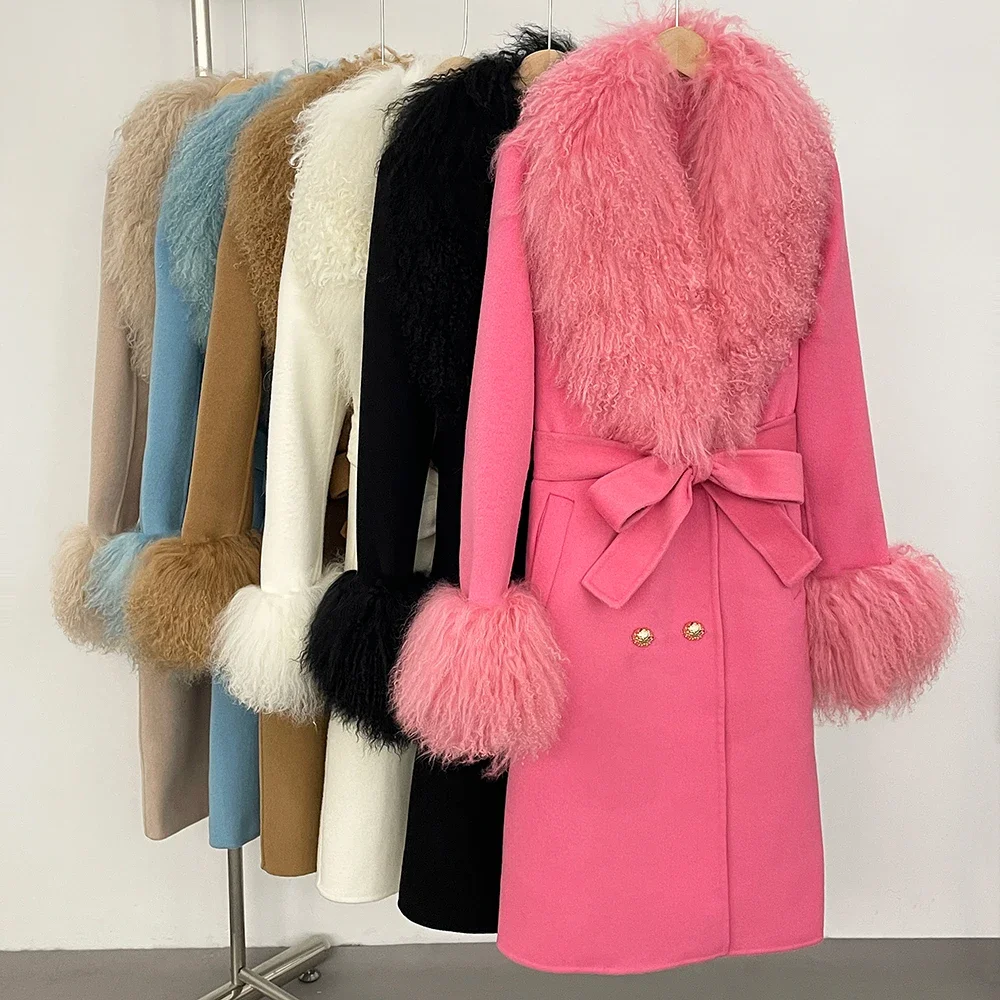 

Woolen Coat Autumn Winter Real Fur Coat Female Women Fashion Mongolia Sheep Fur Jacket Wool Blend Lady Warm Long Outerwear