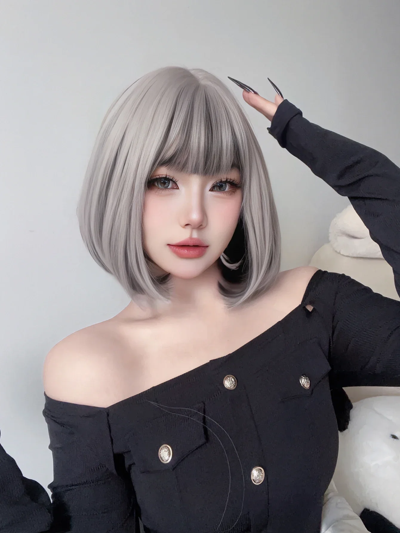 12Inch Silver Gray and Black Lolita Special Style Synthetic Wigs With Bang Short Natural Straight Hair For Women Heat Resistant