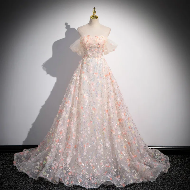 Elegant One Neck Off The Shoulder Trailing Evening Gown Art Exam Sequin Dress Slim Fit A-line Mesh Applique Quinceanera Dresses
