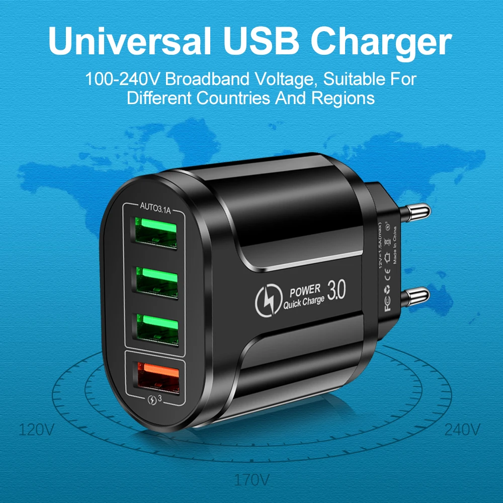 Vumpach 4 Ports USB Fast Charger Quick Charge 3.0 48W Wall Mobile Phone Fast Charging For iPhone Samsung Xiaomi Adapter Travel
