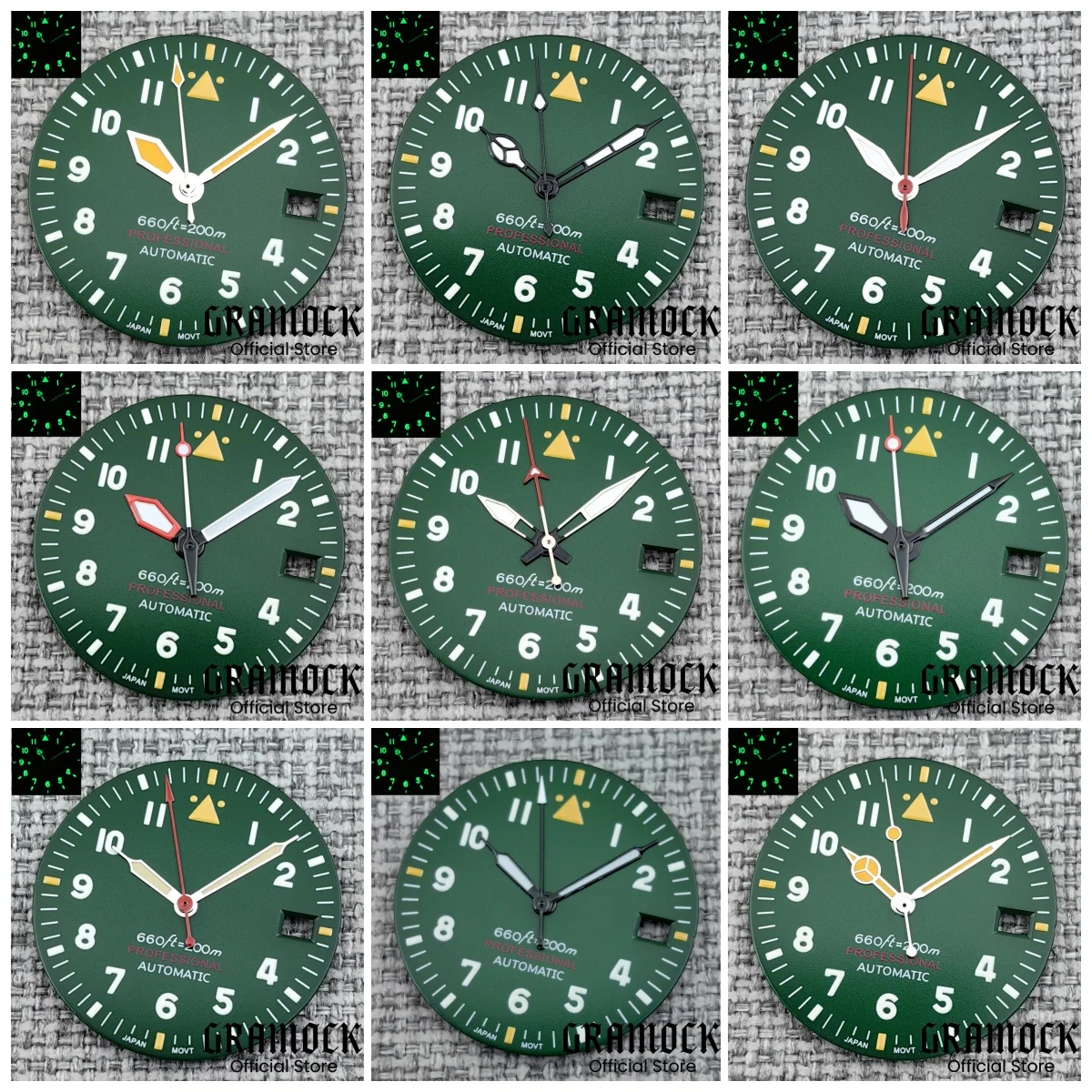 Gramock New 2025 29mm Green Pilot Style Watch Dial and Hand Sets C3 Green Luminous Fit NH35 NH36 Movement Watch Parts for Mod