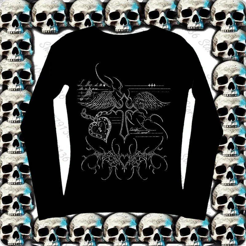 Y2k aesthetic pattern printed top retro Spice E-girl Grunge Punk T-shirt Harajuku street wear round neck long sleeved pullover