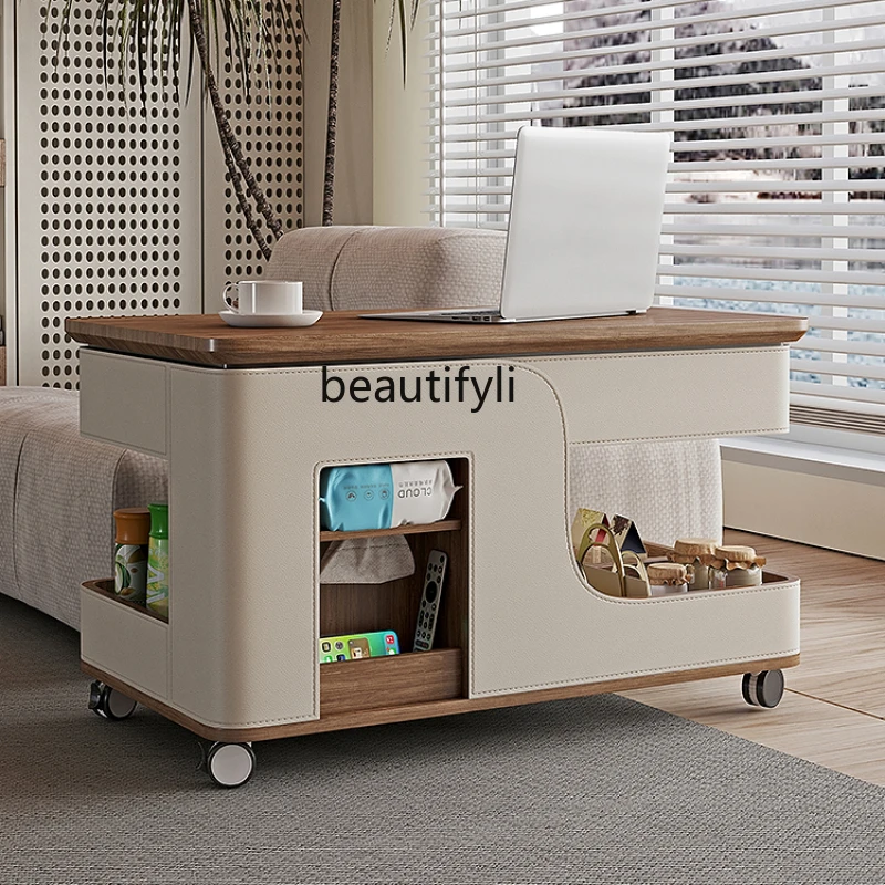 

Movable Solid Wood Small Coffee Table Sofa Side Table Modern Simple Small Apartment Living Room Trolley Storage Side Cabinet