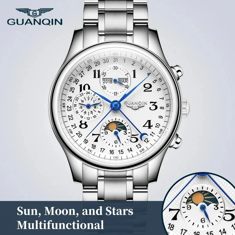 GUANQIN 2024 Men Watches Top Brand Luxury Mechanical Automatic Stainless Steel Waterproof Moon Watch Sapphire Wristwatch Clock