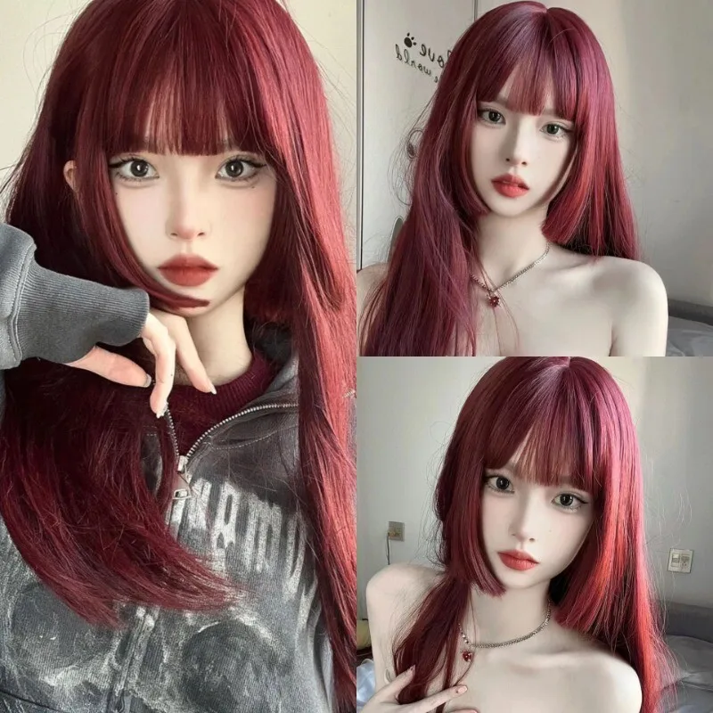 

Women Wig Long Wig Straight Ladies Hair Wine Red Wig Girl Wig+Wig Cap