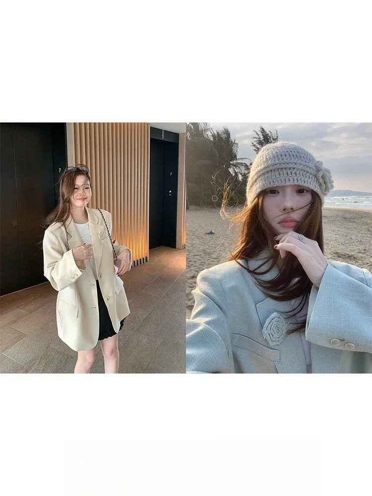

Madrid Street Camellia ape Single Row oulder Button Suit Jaet Loose Fit Long Sve Commute Sle Faion Women's Coat
