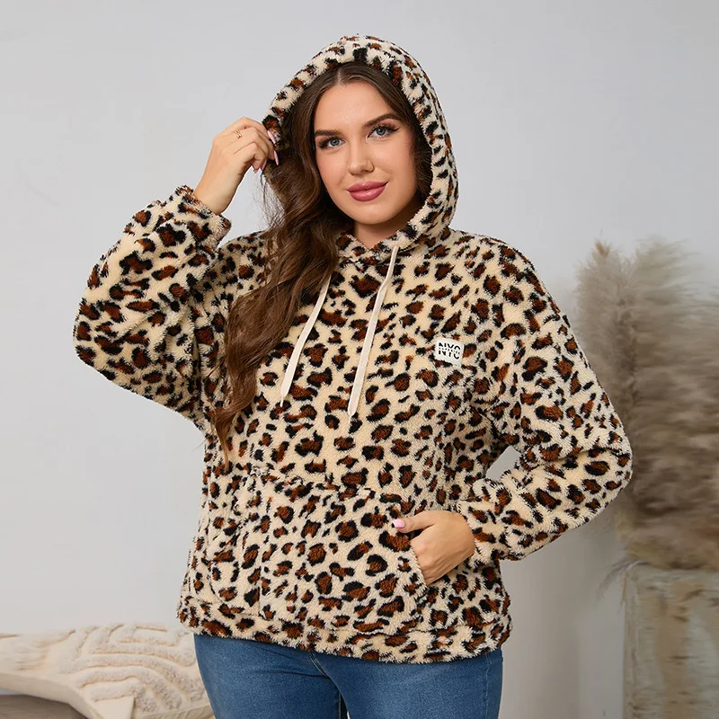 

Leopard print hooded large size jacket casual cross-border women's loose sweater fashion simple temperament elegant vacation sty
