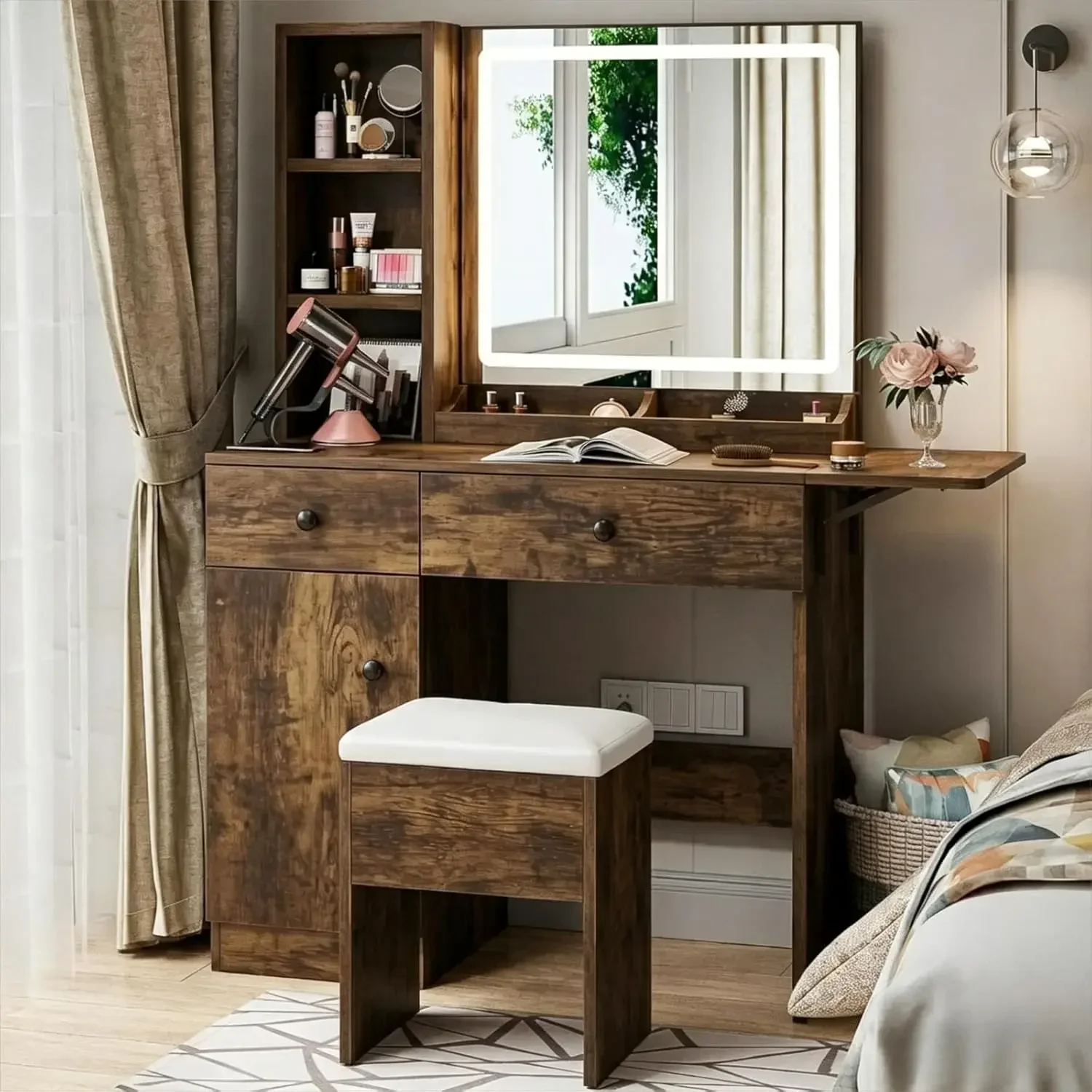 Haewon Vanity Desk with Mirror and Lights, Makeup Vanity with Charging Station and 3 Lighting Modes, Dressing Table Set with Sto
