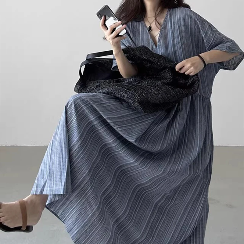 Zomer Nieuwe Dames Losse V-ne ort-sved Dr Retro Textuur Voel Lange Dr Koreaanse Sle Woon-werkverkeer Losse Taille Andere Mate...