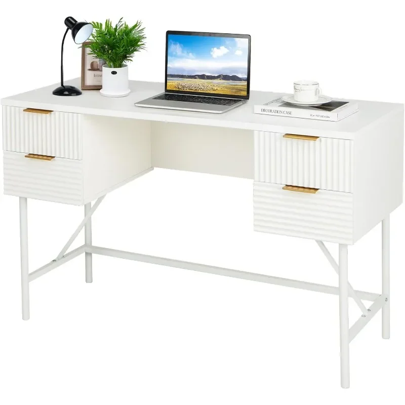 

White Desk with 4 Drawers, 48 Inch Home Office with Storage, Modern Computer Desk Study Writing Desk with Metal Frame for