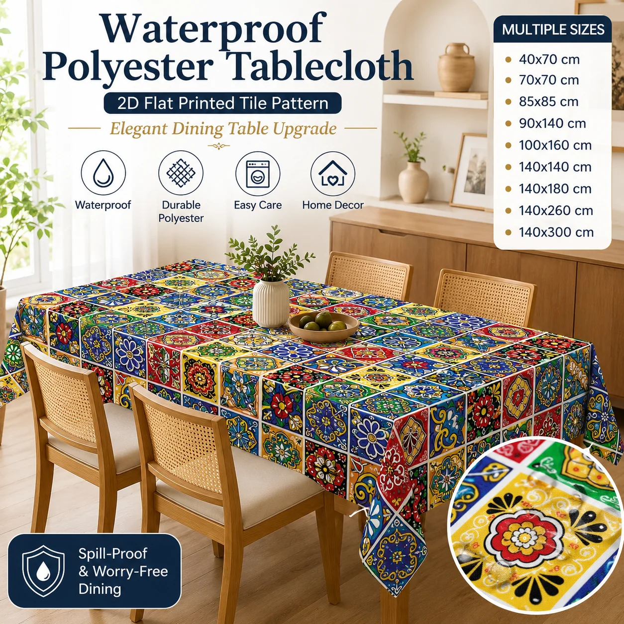 

Tunisian Style Tile Pattern Tablecloth Waterproof Polyester Rectangular Table Cover for Kitchen Living Room Bedroom Outdoor Use