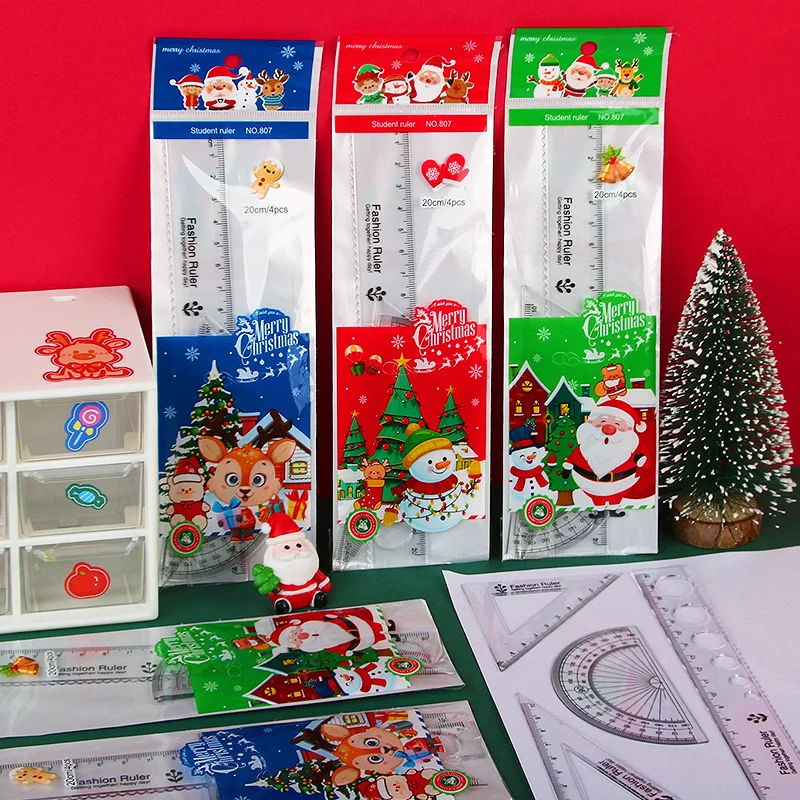 24set/lot Kawaii Santa Claus Ruler Set Creative Drawing Tool Bookmark Promotional Stationery Gift School Supplies