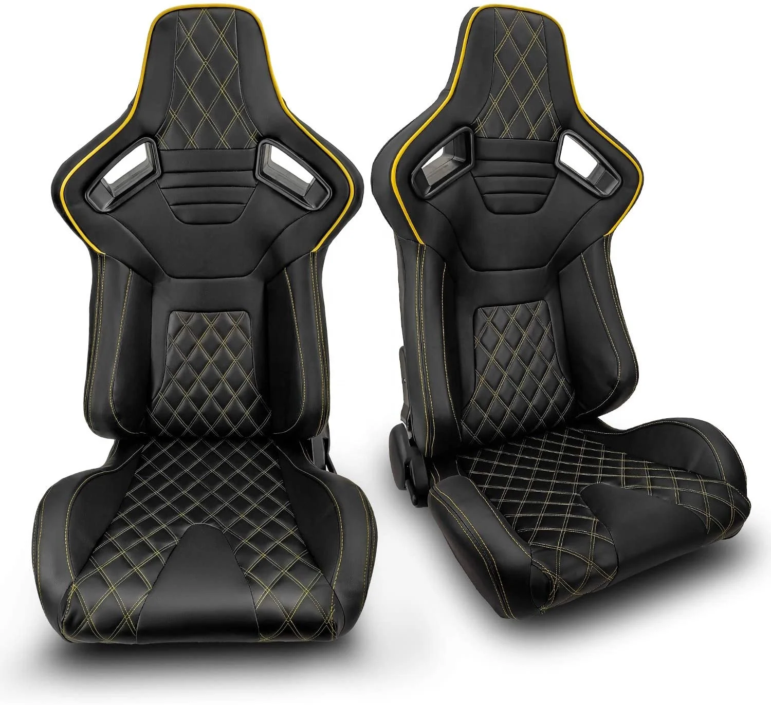 

New Pair Of Black PVC Leather Yellow Stitch With Double Slider Bucket Racing Seats
