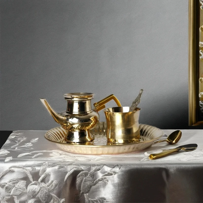 

A set of 8 brass Puja Thali ritual items for home decoration and complimentary kitchen items