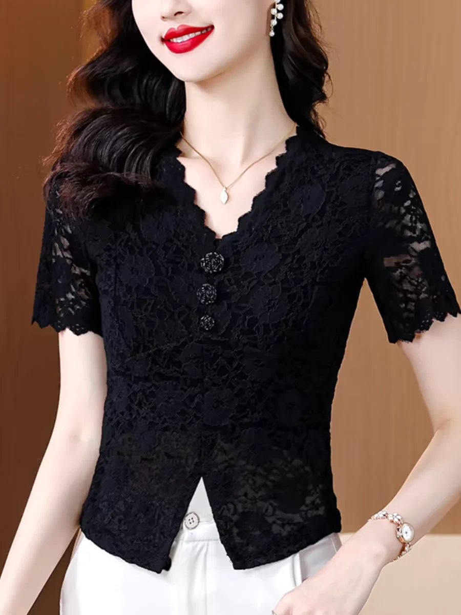 Summer T Shirts Women Short Sleeve Tops Black Lace Bottom Shirt V Neck Thin Stretch Slim T-shirt