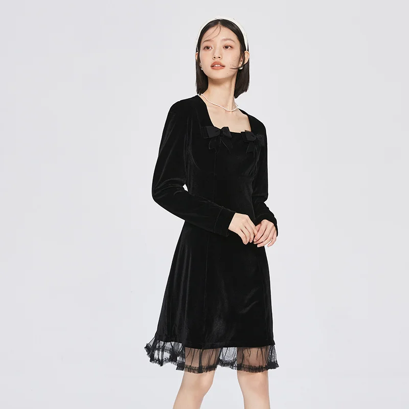 Semir Dress Women\'s Side Neck Bow Stitching Mesh 2023 Winter New Elegant Temperament Drape Velvet Dress