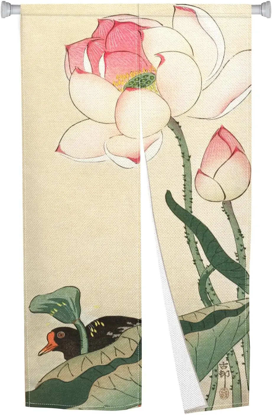 Japanese Style Lotus & Water Bird Door Curtain, Traditional Ukiyo-e Print For Home Entrance, Elegant Oriental Room Divider