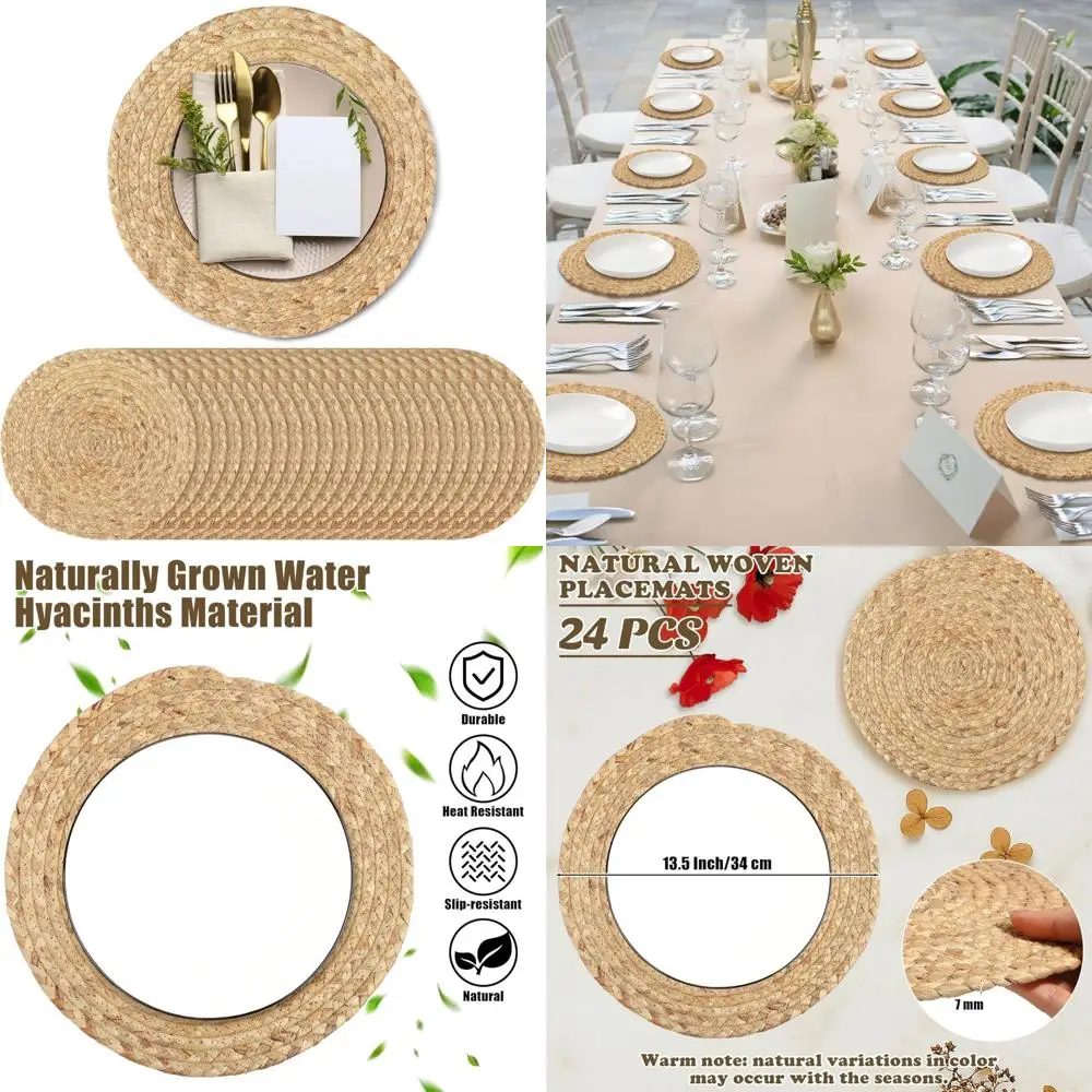 

Natural 13.5-Inch Woven Water Hyacinth Placemats, Set of 24, Handcrafted Boho Rattan Wicker Weave for Home Decor
